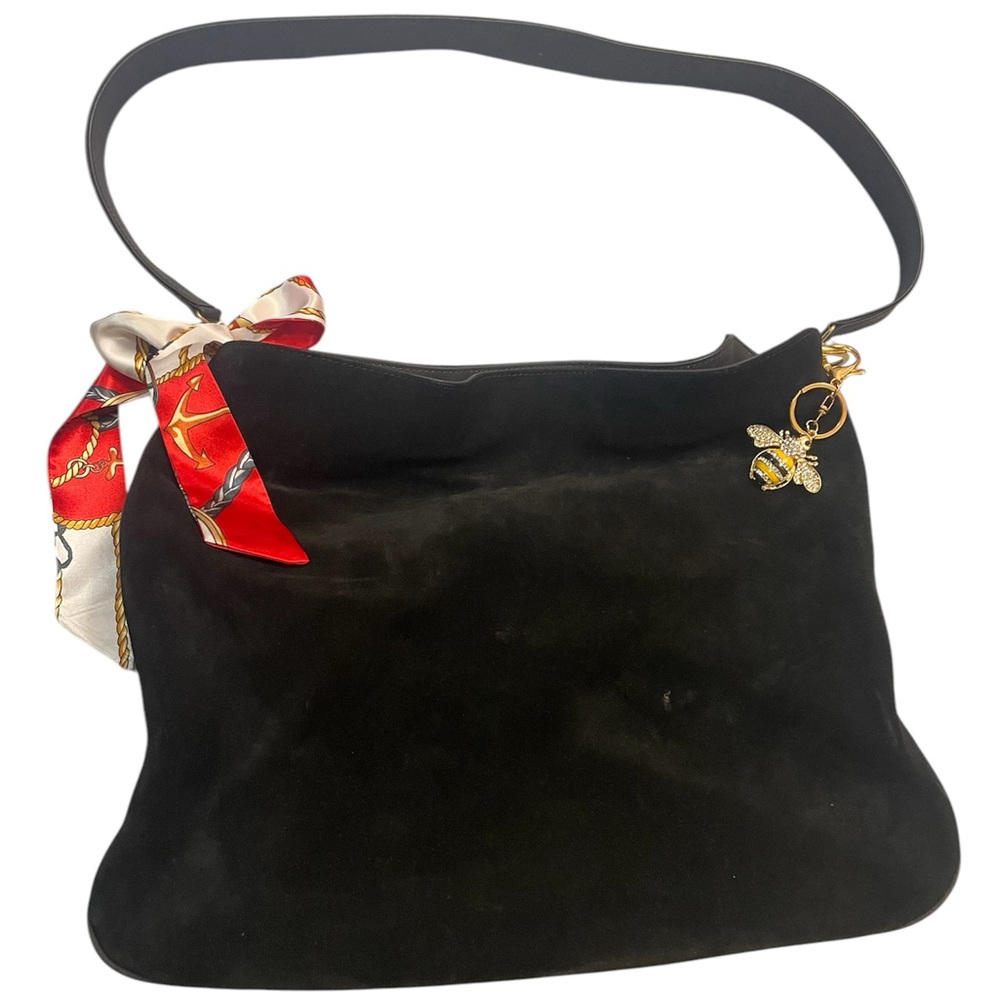 Elegant Black Suede GUCCi Bag with Scarf Accent
